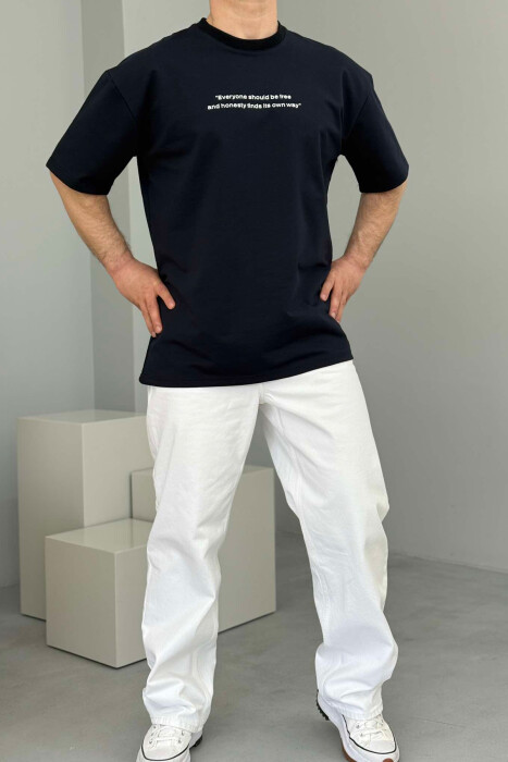 FRONT WRITTINGS ROUND NECK ONE COLOR MEN T-SHIRT DARK BLUE/BEE - 2