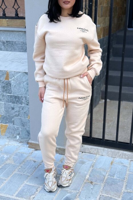 FRONT WRITTINGS SWEATSHIRT + SWEATPANTS FLUFFY WOMAN SET BEIGE/BEZHE - 2