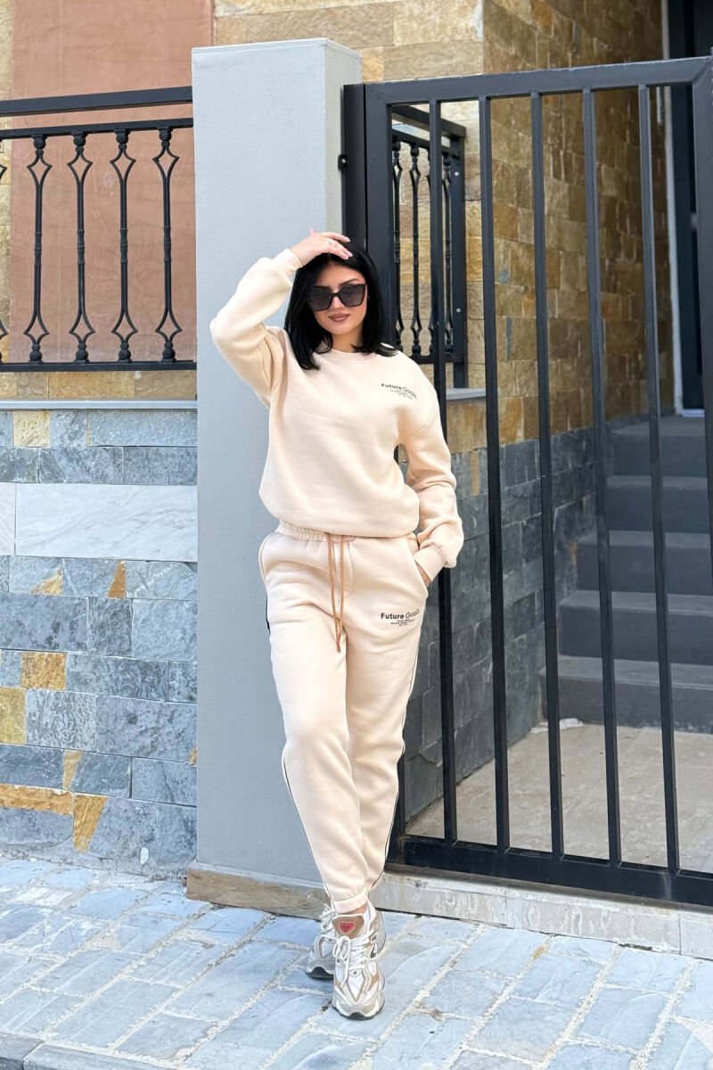 FRONT WRITTINGS SWEATSHIRT + SWEATPANTS FLUFFY WOMAN SET BEIGE/BEZHE - 3