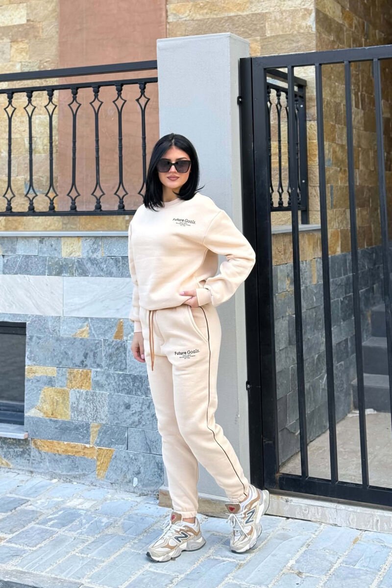 FRONT WRITTINGS SWEATSHIRT + SWEATPANTS FLUFFY WOMAN SET BEIGE/BEZHE - 4