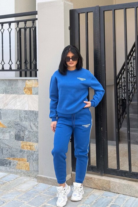 FRONT WRITTINGS SWEATSHIRT + SWEATPANTS FLUFFY WOMAN SET BLUE/BLU - KLAUDIO FASHION