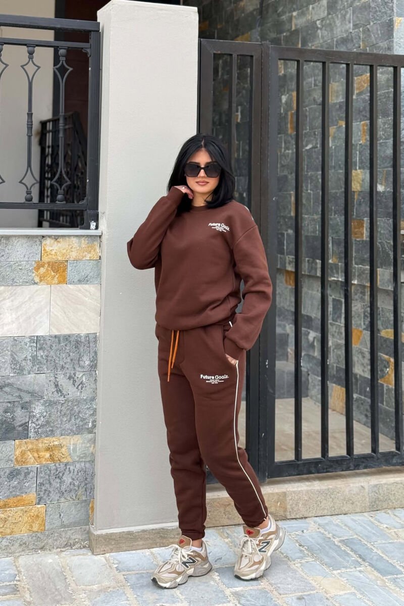 FRONT WRITTINGS SWEATSHIRT + SWEATPANTS FLUFFY WOMAN SET BROWN/KAFE - 5