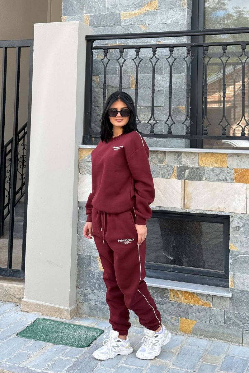 FRONT WRITTINGS SWEATSHIRT + SWEATPANTS FLUFFY WOMAN SET BURGUNDY/VISHNJE - 3