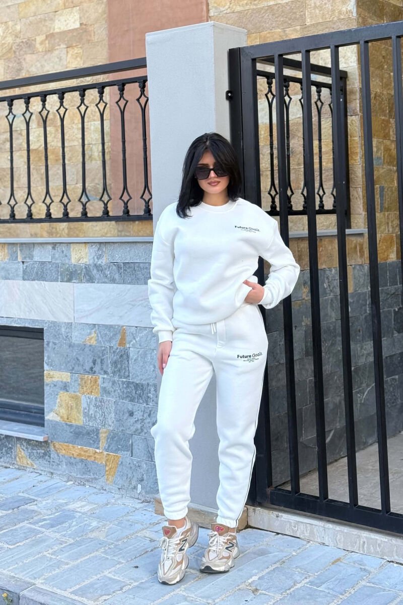 FRONT WRITTINGS SWEATSHIRT + SWEATPANTS FLUFFY WOMAN SET WHITE-E BARDHE - 5