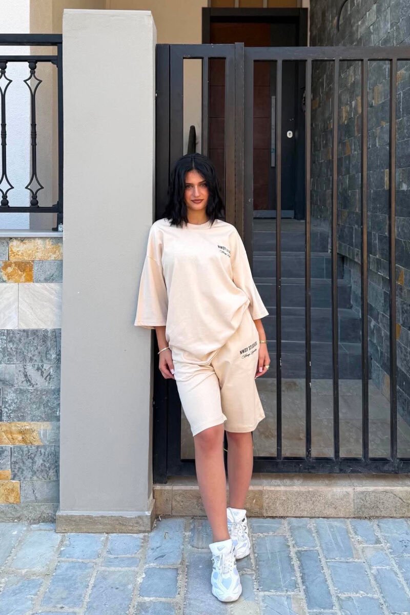 FRONT WRITTINGS T-SHIRT + SHORT SWEATPANTS WOMAN SET BEIGE/BEZHE - 1