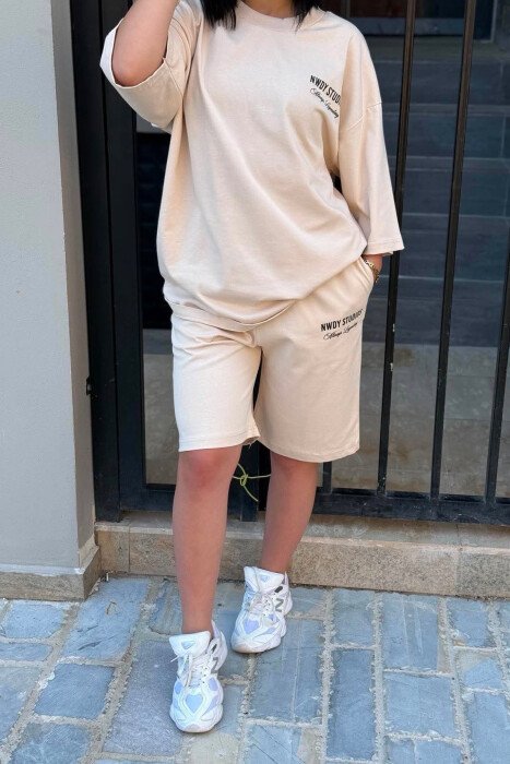 FRONT WRITTINGS T-SHIRT + SHORT SWEATPANTS WOMAN SET BEIGE/BEZHE - 3