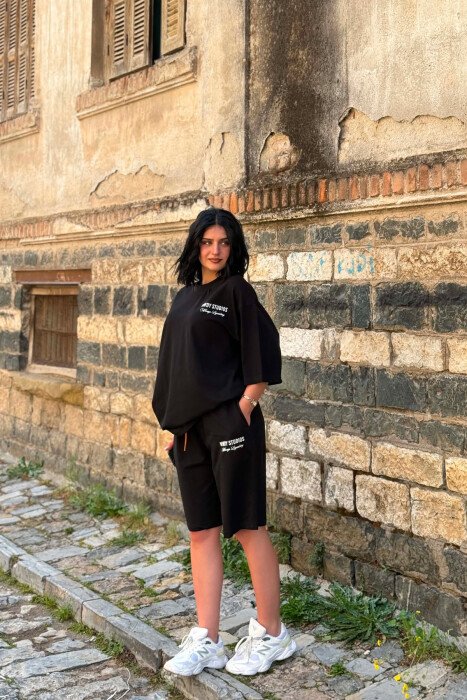 FRONT WRITTINGS T-SHIRT + SHORT SWEATPANTS WOMAN SET BLACK/ E ZEZE - 2