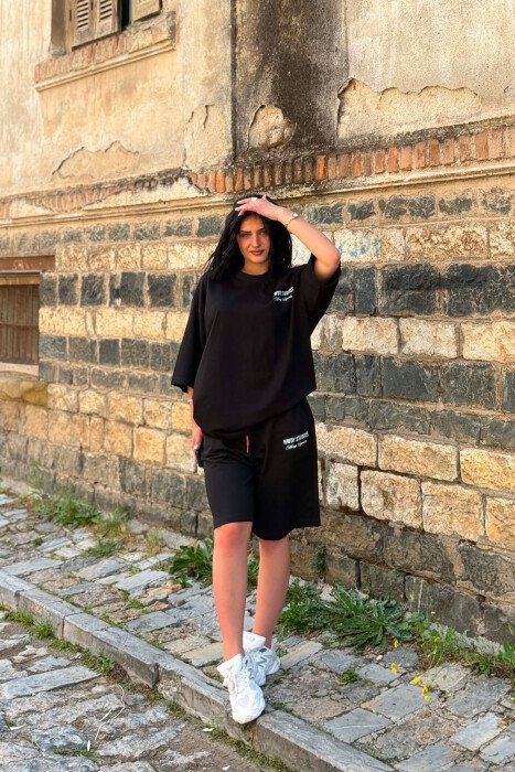 FRONT WRITTINGS T-SHIRT + SHORT SWEATPANTS WOMAN SET BLACK/ E ZEZE - 3