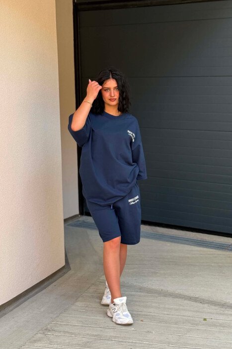 FRONT WRITTINGS T-SHIRT + SHORT SWEATPANTS WOMAN SET BLUE/BLU - 2