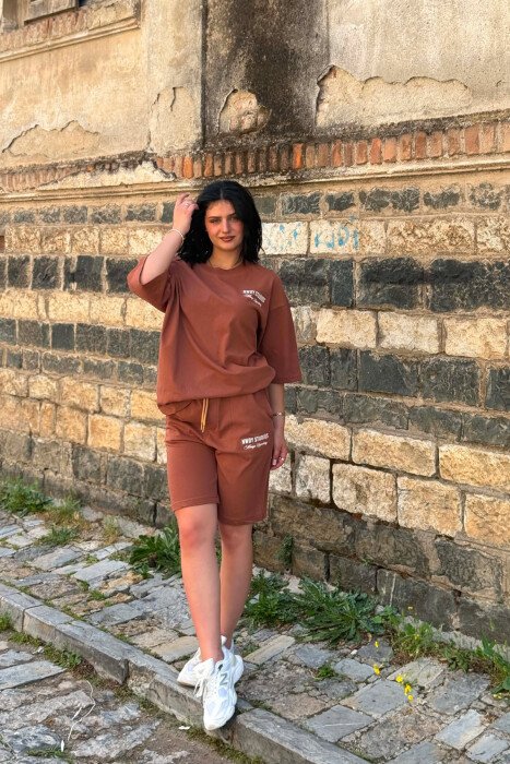 FRONT WRITTINGS T-SHIRT + SHORT SWEATPANTS WOMAN SET BROWN/KAFE - 3