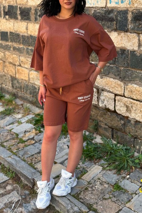 FRONT WRITTINGS T-SHIRT + SHORT SWEATPANTS WOMAN SET BROWN/KAFE - 4