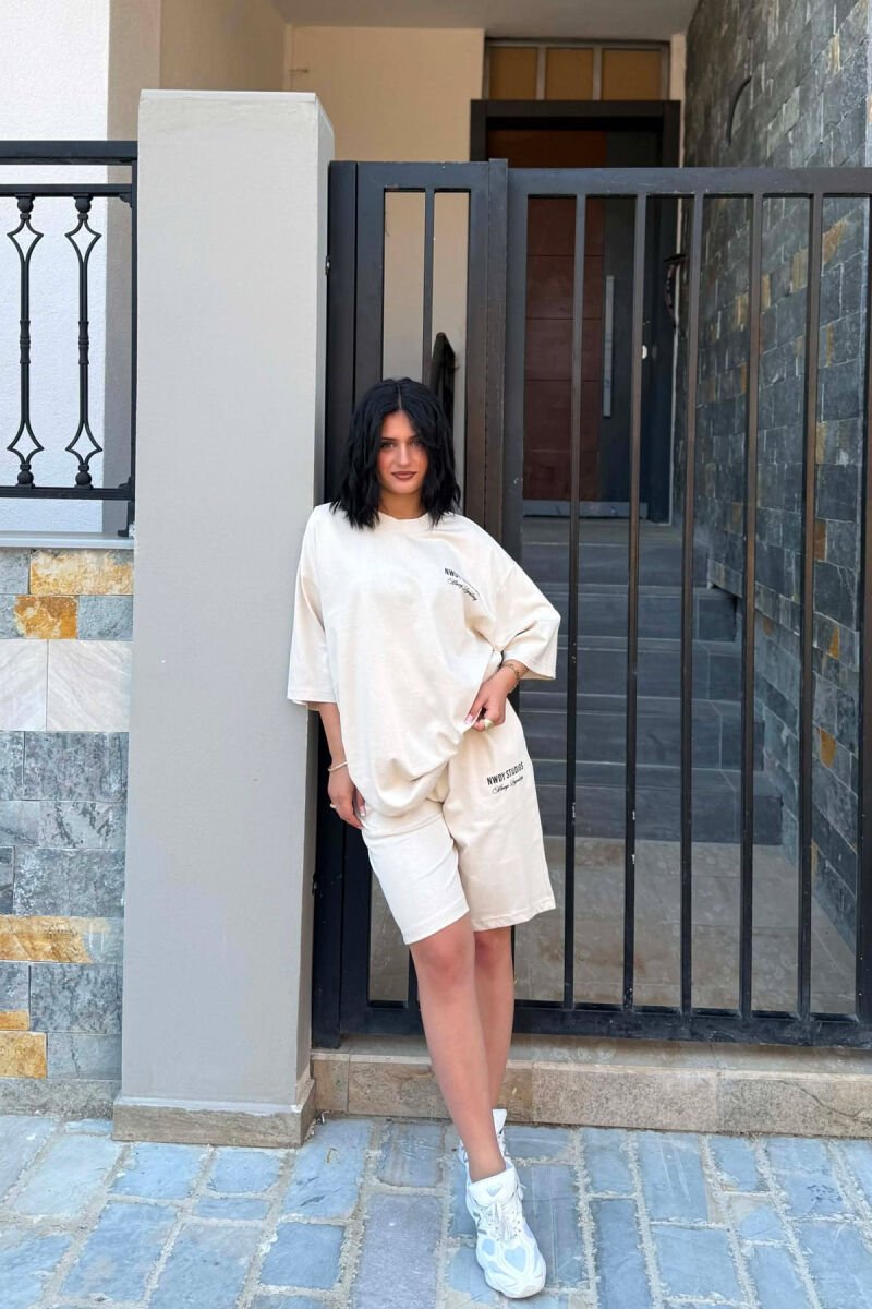 FRONT WRITTINGS T-SHIRT + SHORT SWEATPANTS WOMAN SET CREAM/KREM - 1