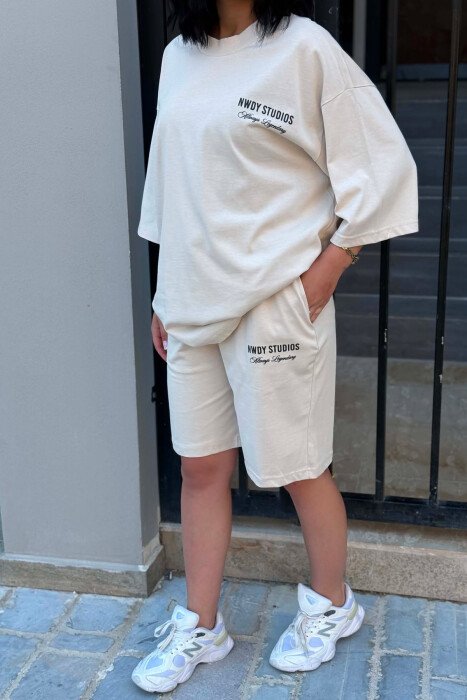FRONT WRITTINGS T-SHIRT + SHORT SWEATPANTS WOMAN SET CREAM/KREM - 2