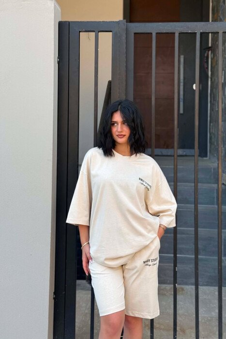 FRONT WRITTINGS T-SHIRT + SHORT SWEATPANTS WOMAN SET CREAM/KREM - 3