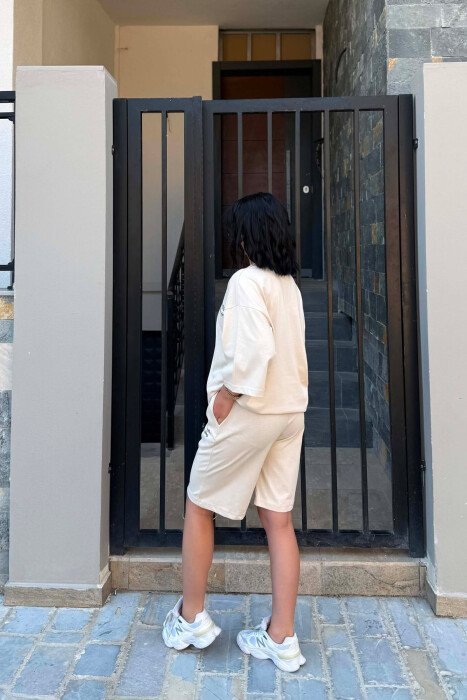FRONT WRITTINGS T-SHIRT + SHORT SWEATPANTS WOMAN SET CREAM/KREM - 4