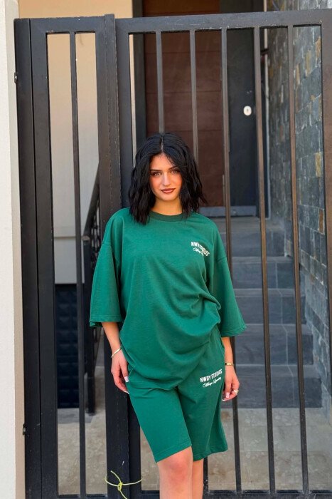 FRONT WRITTINGS T-SHIRT + SHORT SWEATPANTS WOMAN SET DARK GREEN/JEE - 5