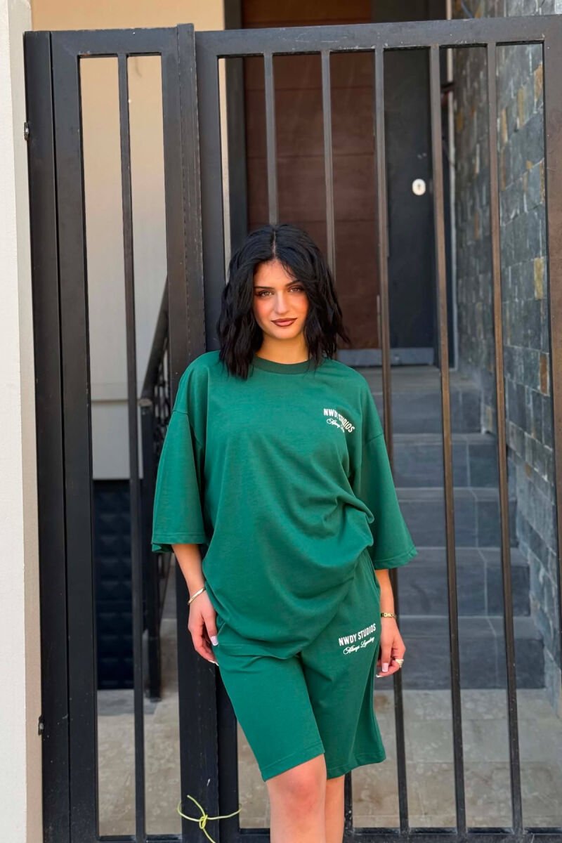 FRONT WRITTINGS T-SHIRT + SHORT SWEATPANTS WOMAN SET DARK GREEN/JEE - 5