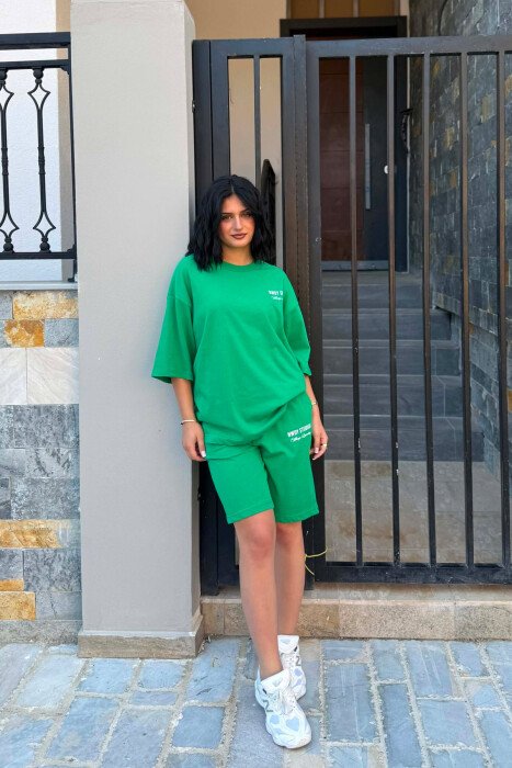 FRONT WRITTINGS T-SHIRT + SHORT SWEATPANTS WOMAN SET GREEN/JESHILE - KLAUDIO FASHION
