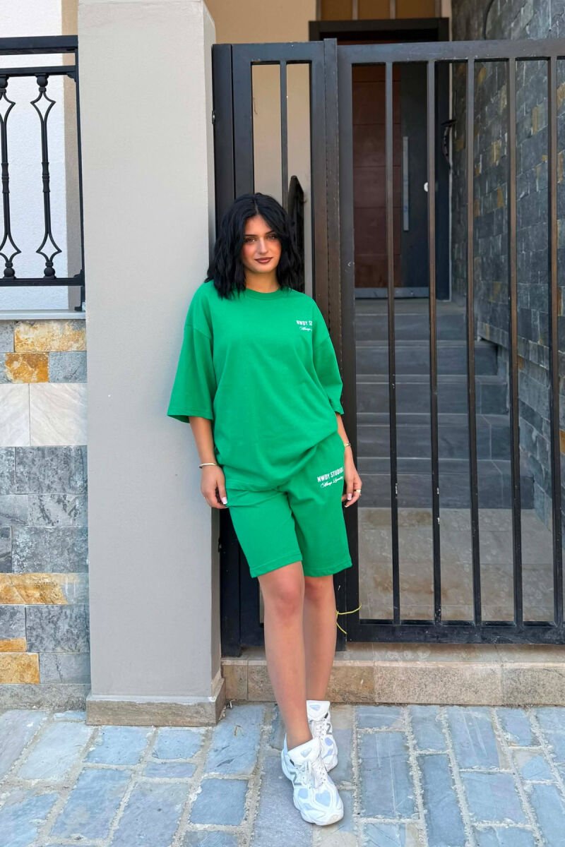 FRONT WRITTINGS T-SHIRT + SHORT SWEATPANTS WOMAN SET GREEN/JESHILE - 1