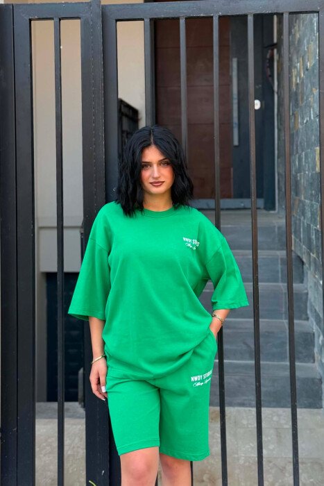 FRONT WRITTINGS T-SHIRT + SHORT SWEATPANTS WOMAN SET GREEN/JESHILE - 3