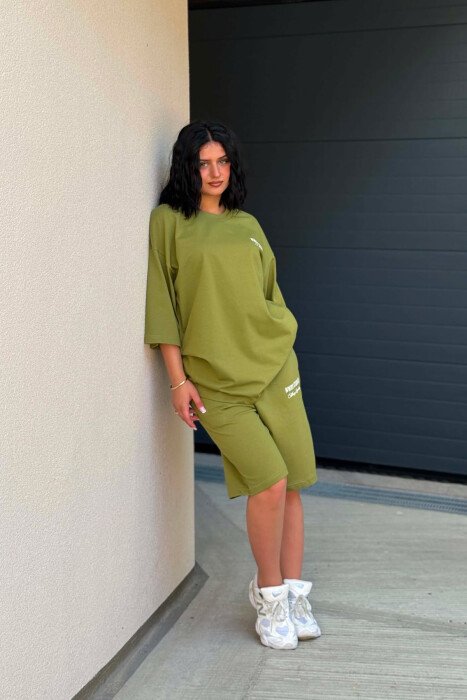 FRONT WRITTINGS T-SHIRT + SHORT SWEATPANTS WOMAN SET OLIVE/ULLI - 3