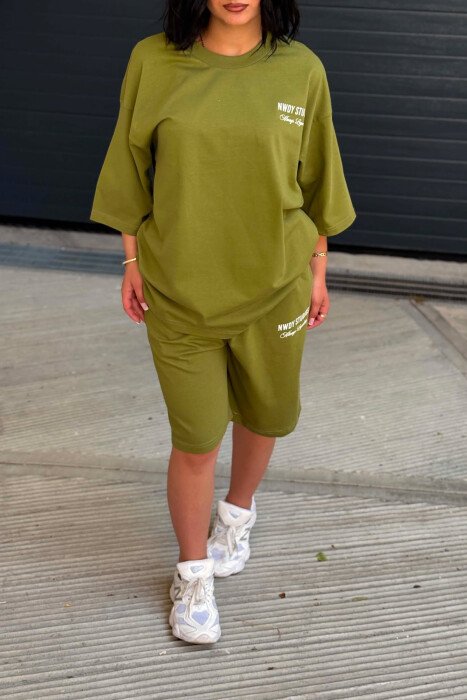 FRONT WRITTINGS T-SHIRT + SHORT SWEATPANTS WOMAN SET OLIVE/ULLI - 5