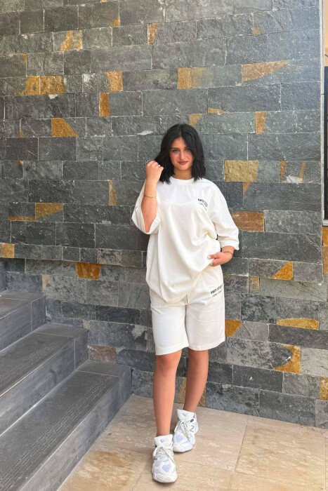 FRONT WRITTINGS T-SHIRT + SHORT SWEATPANTS WOMAN SET WHITE-E BARDHE - 2