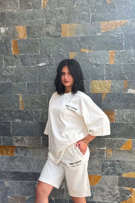 FRONT WRITTINGS T-SHIRT + SHORT SWEATPANTS WOMAN SET WHITE-E BARDHE - 6