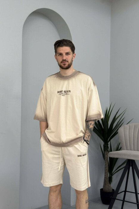 SET NJE NGJYRESH T-SHIRT + TUTA TE SHKURTRA PER MESHKUJ NE NGJYRE BEZHE - KLAUDIO FASHION