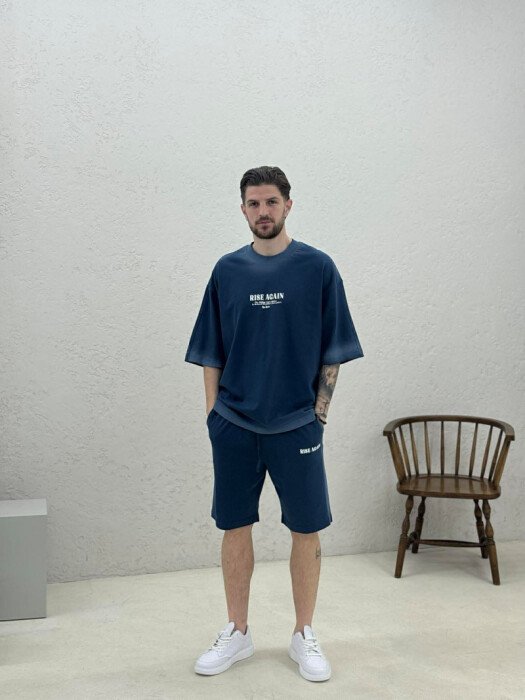 FRONT WRITTINGS T-SHIRT + SHORTS MEN SET BLUE/BLU - KLAUDIO FASHION