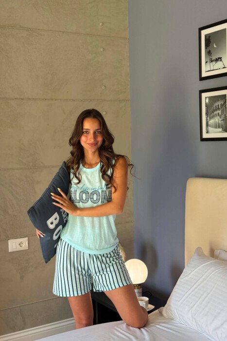 FRONT WRITTINGS TANK TOP + SHORTS WOMAN PYJAMAS LIGHTBLUE/BZ - 1