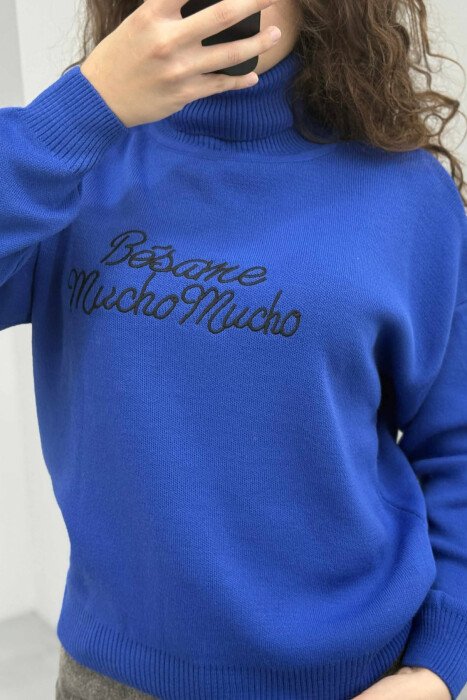 FRONT WRITTINGS TURTLE NECK WOMEN SWEATER DARK BLUE/BEE - 4