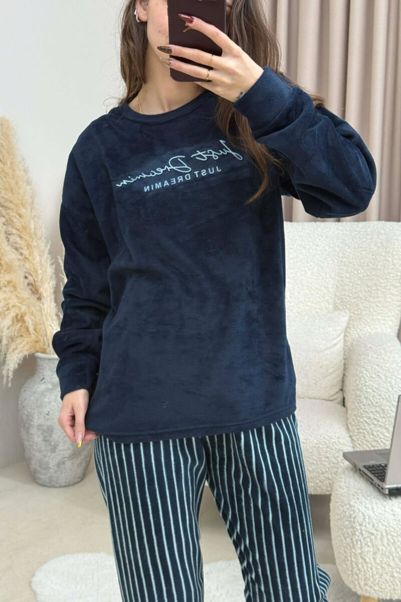 FRONT WRITTINGS WARM SWEATSHIRT+SWEATPANTS WOMEN PYJAMAS DARK BLUE/BEE - 3