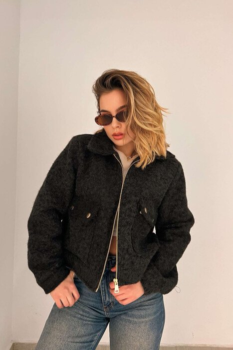 FRONT POCKETS SHORT WOMEN JACKET BLACK-BLACK/ZZ - 4