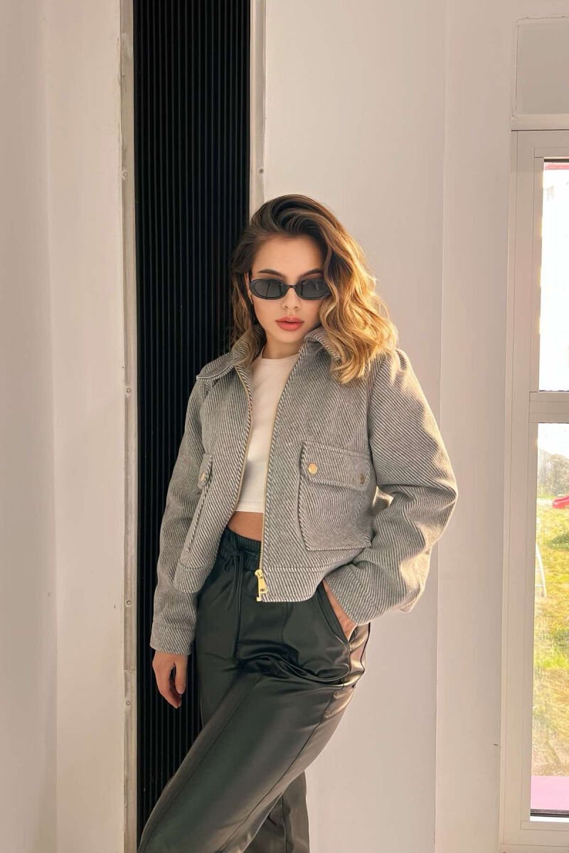 FRONT POCKETS SHORT WOMEN JACKET GREY/BLACK-GRZE - 3