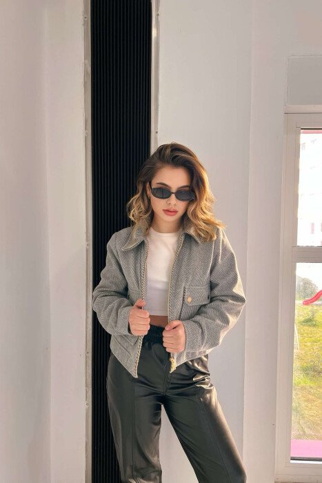 FRONT POCKETS SHORT WOMEN JACKET GREY/BLACK-GRZE - 4
