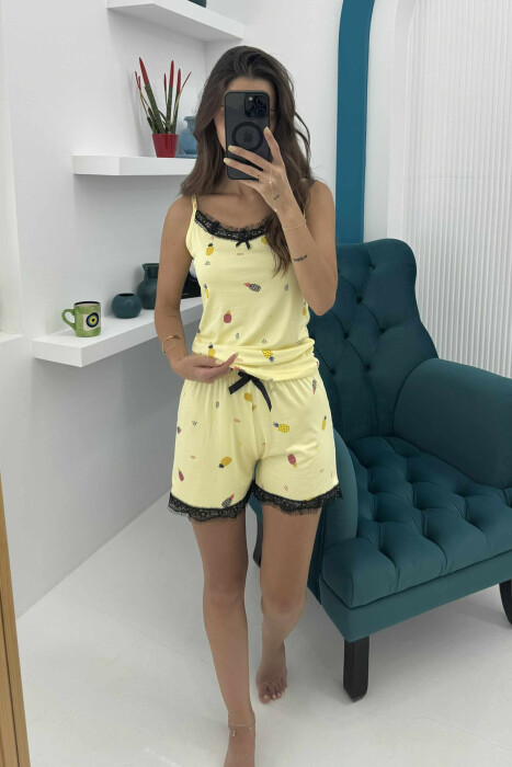 FRUITS DESIGN TANK TOP+SHORTS WOMEN PYJAMAS BLACK-YELLOW/ZEVE - 1