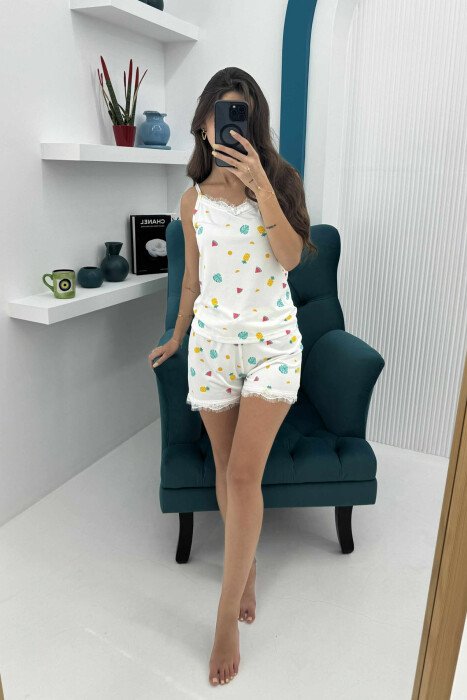 FRUITS DESIGN TANK TOP+SHORTS WOMEN PYJAMAS WHITE-E BARDHE - KLAUDIO FASHION