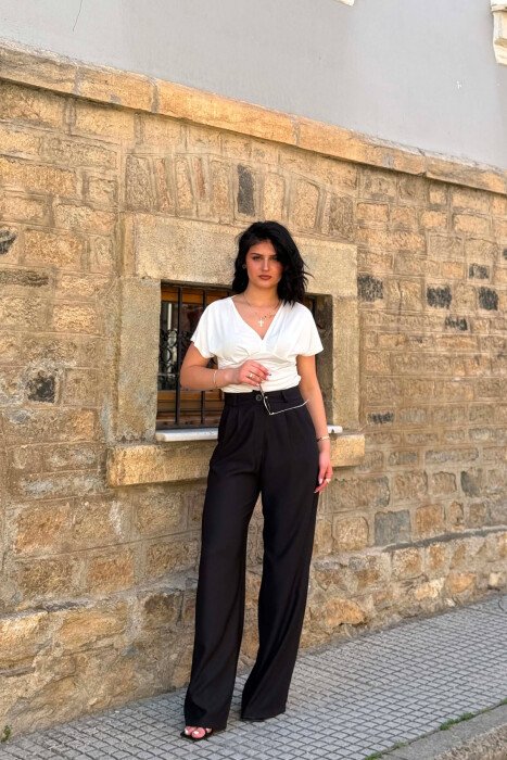 ONE COLOR WIDE LEG WOMAN TROUSERS GLOSSY BLACK-ZEZE SHKELQIM - KLAUDIO FASHION