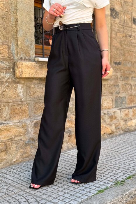 ONE COLOR WIDE LEG WOMAN TROUSERS GLOSSY BLACK-ZEZE SHKELQIM - 2