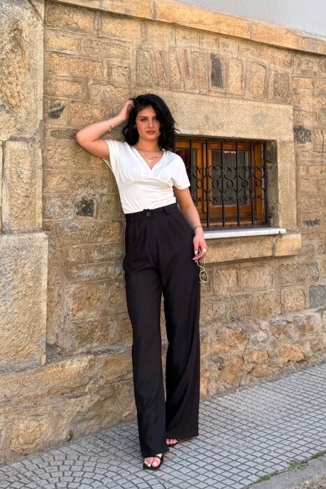 ONE COLOR WIDE LEG WOMAN TROUSERS GLOSSY BLACK-ZEZE SHKELQIM - 6