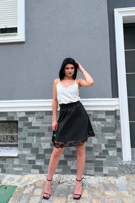 FAUX LEATHER TRIMMED WOMEN SKIRT BLACK/ E ZEZE - 4