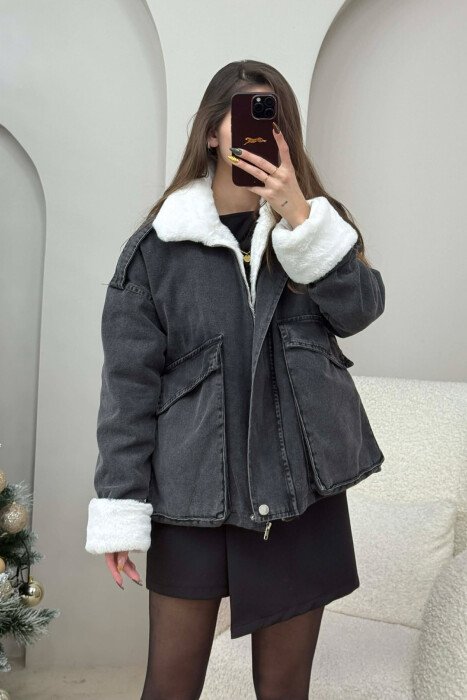 FUR DETAIL DENIM WOMEN JACKET BLACK-WHITE/ZEBA - 1