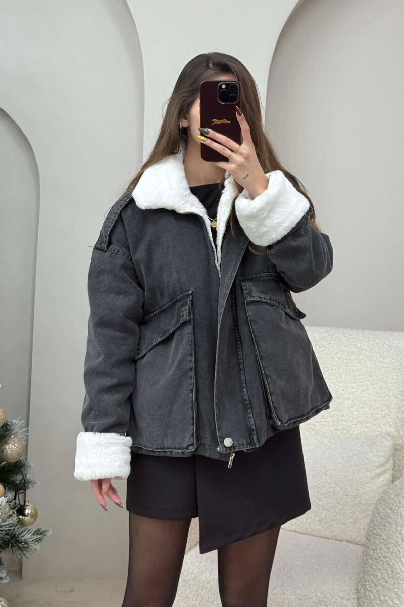 FUR DETAIL DENIM WOMEN JACKET BLACK-WHITE/ZEBA - 1