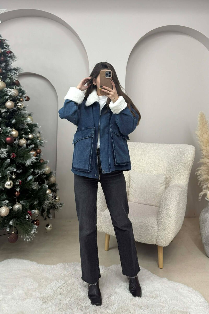 FUR DETAIL DENIM WOMEN JACKET BLUE-WHITE/BLBA - 2