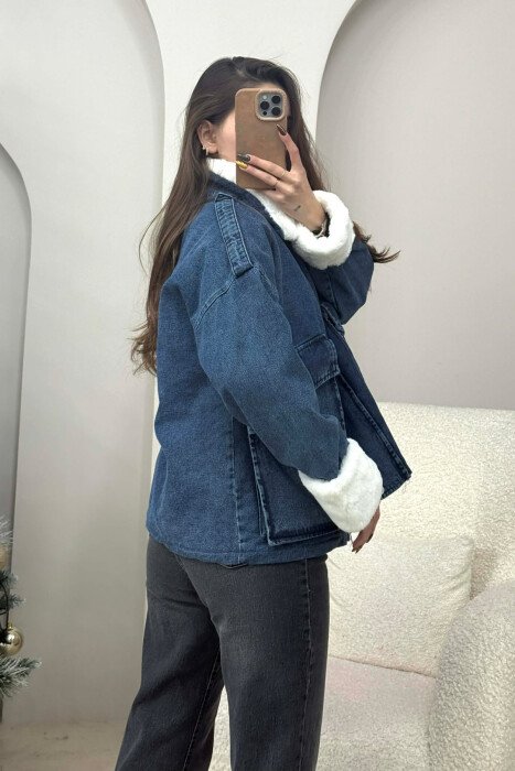 FUR DETAIL DENIM WOMEN JACKET BLUE-WHITE/BLBA - 3