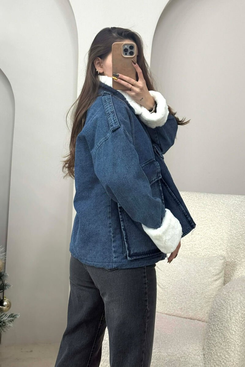 FUR DETAIL DENIM WOMEN JACKET BLUE-WHITE/BLBA - 3