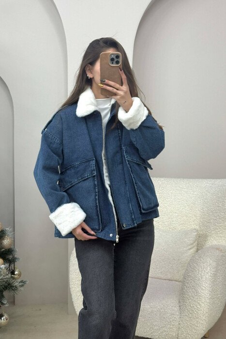 FUR DETAIL DENIM WOMEN JACKET BLUE-WHITE/BLBA - 4