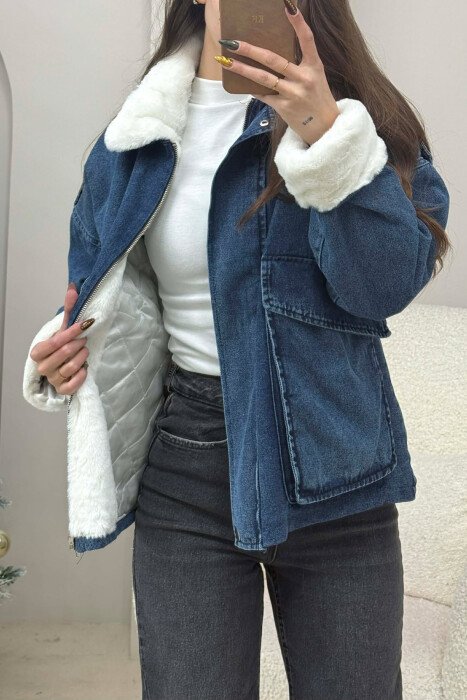 FUR DETAIL DENIM WOMEN JACKET BLUE-WHITE/BLBA - 1