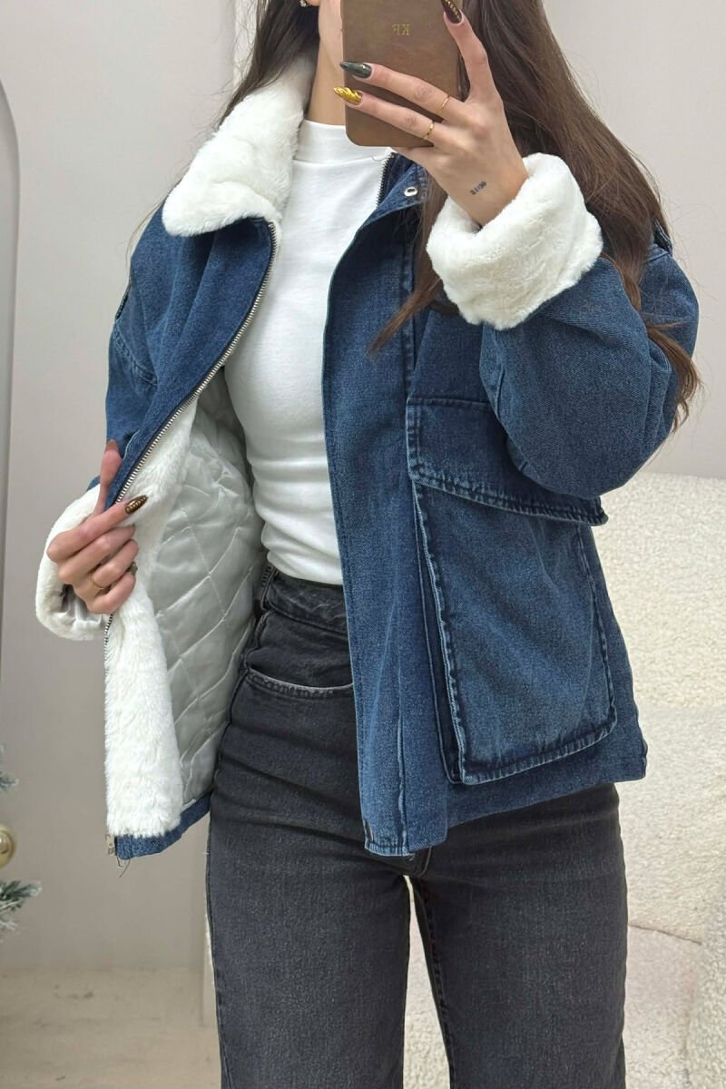 FUR DETAIL DENIM WOMEN JACKET BLUE-WHITE/BLBA - 1